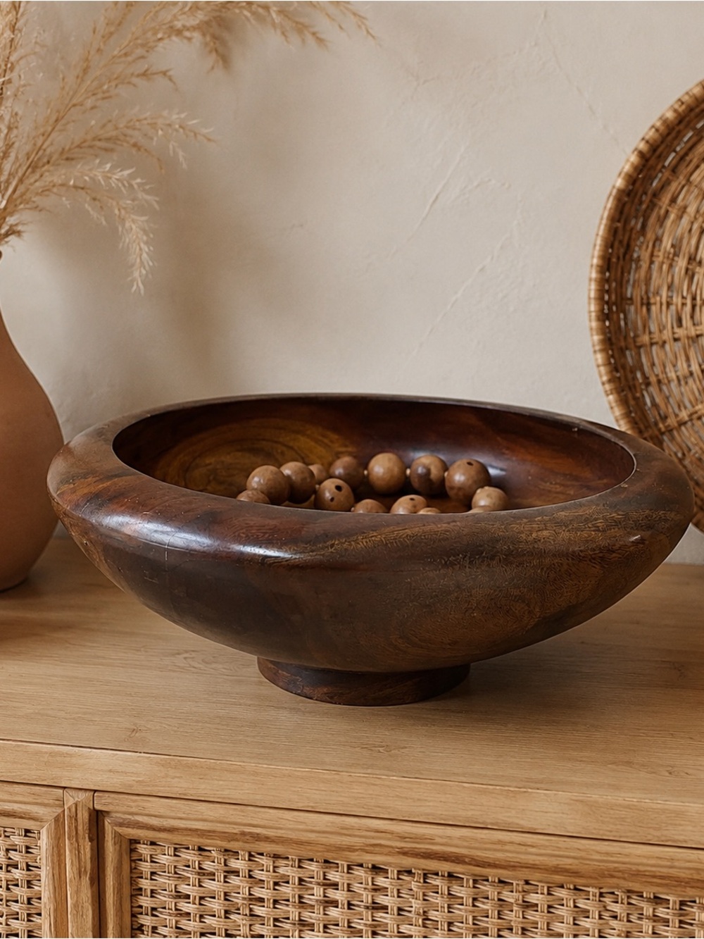 Vintage Solid Wood Pedestal Bowl Hand-Turned Footed Serving Fruit Bowl Rustic